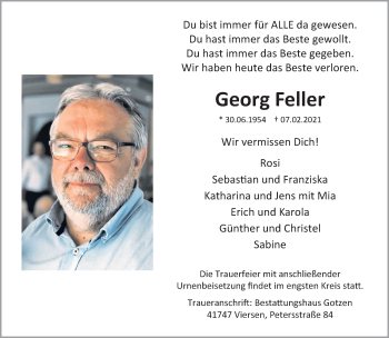 Traueranzeige von Georg Feller von trauer.extra-tipp-moenchengladbach.de