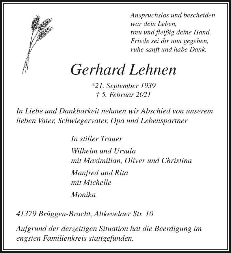  Traueranzeige für Gerhard Lehnen vom 14.02.2021 aus trauer.extra-tipp-moenchengladbach.de
