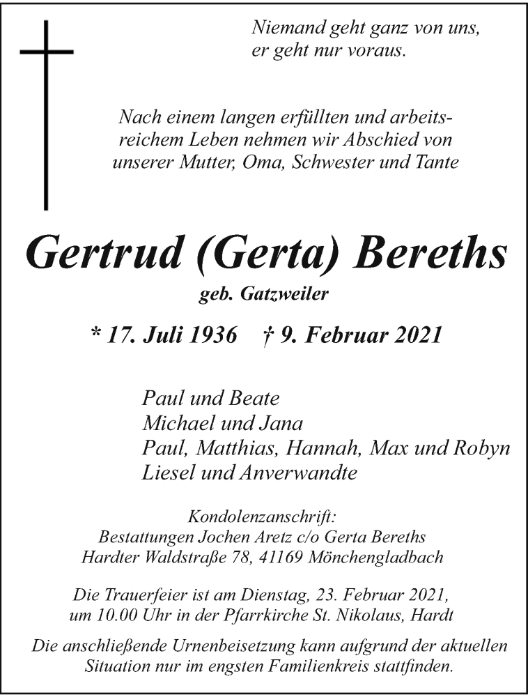  Traueranzeige für Gertrud Bereths vom 14.02.2021 aus trauer.extra-tipp-moenchengladbach.de