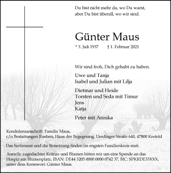 Traueranzeige von Günter Maus von trauer.mein.krefeld.de