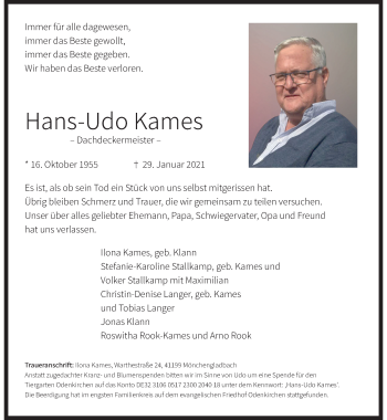 Traueranzeige von Hans-Udo Kames von trauer.extra-tipp-moenchengladbach.de