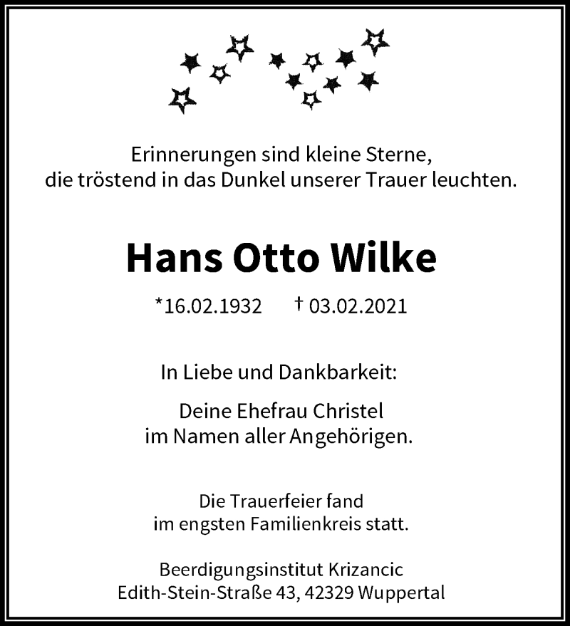  Traueranzeige für Hans Otto Wilke vom 27.02.2021 aus trauer.wuppertaler-rundschau.de