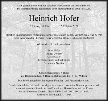 Traueranzeige von Heinrich Hofer von trauer.extra-tipp-moenchengladbach.de