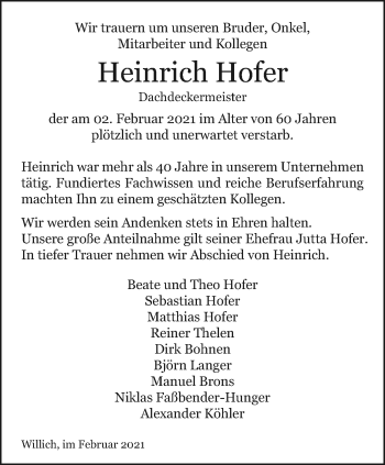 Traueranzeige von Heinrich Hofer von trauer.extra-tipp-moenchengladbach.de