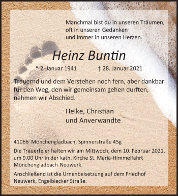 Traueranzeige von Heinz Buntin von trauer.extra-tipp-moenchengladbach.de