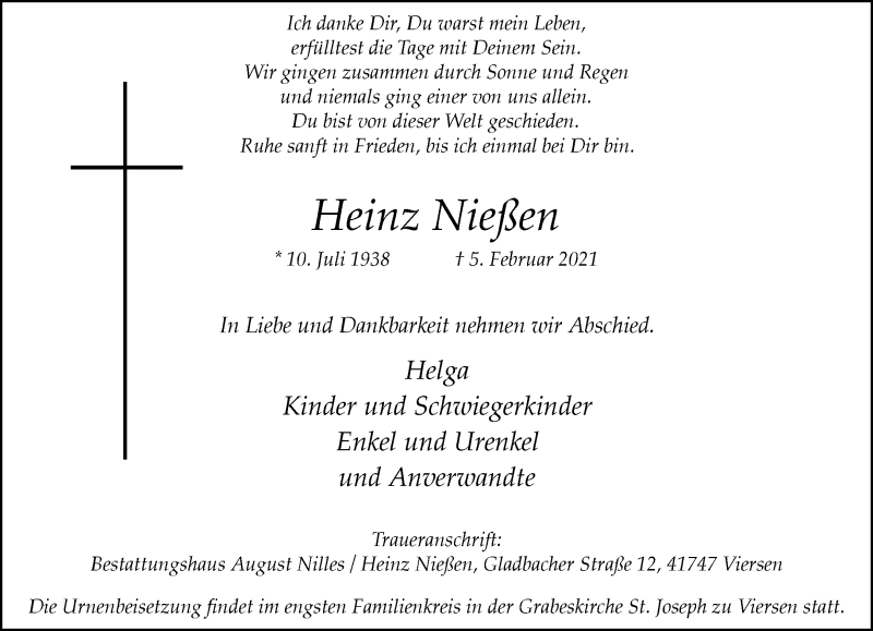 Traueranzeige für Heinz Nießen vom 14.02.2021 aus trauer.extra-tipp-moenchengladbach.de