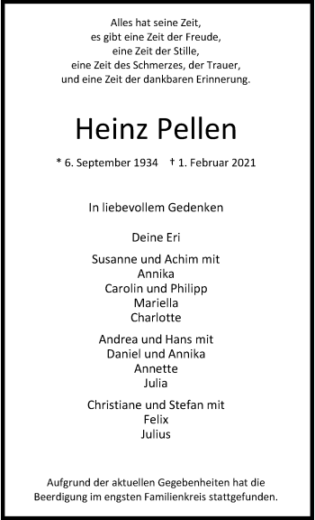 Traueranzeige von Heinz Pellen von trauer.extra-tipp-moenchengladbach.de