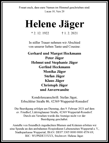 Traueranzeige von Helene Jäger von trauer.wuppertaler-rundschau.de
