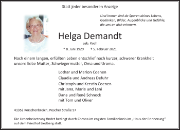 Traueranzeige von Helga Demandt von trauer.extra-tipp-moenchengladbach.de