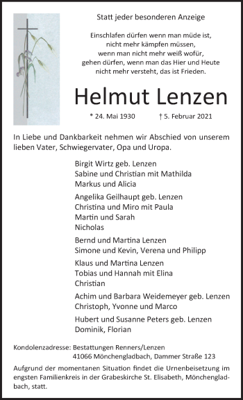 Traueranzeige von Helmut Lenzen von trauer.extra-tipp-moenchengladbach.de
