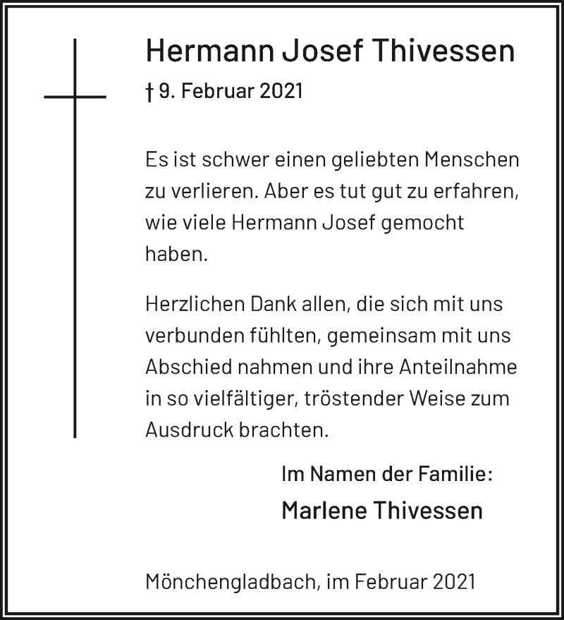  Traueranzeige für Hermann Josef Thivessen vom 28.02.2021 aus trauer.extra-tipp-moenchengladbach.de