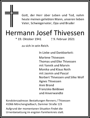 Traueranzeige von Hermann Josef Thivessen von trauer.extra-tipp-moenchengladbach.de