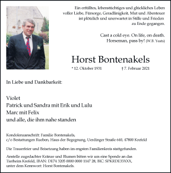 Traueranzeige von Horst Bontenakels von trauer.mein.krefeld.de