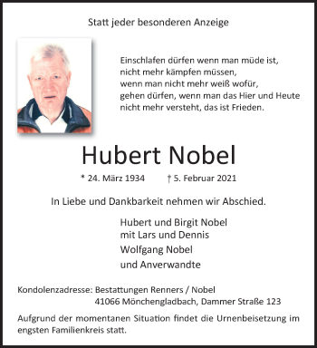 Traueranzeige von Hubert Nobel von trauer.extra-tipp-moenchengladbach.de