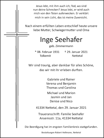 Traueranzeige von Inge Seehafer von trauer.extra-tipp-moenchengladbach.de