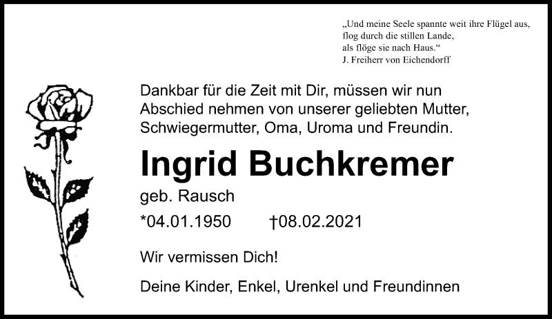 Traueranzeige für Ingrid Buchkremer vom 21.02.2021 aus trauer.extra-tipp-moenchengladbach.de