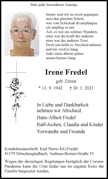 Traueranzeige von Irene Fredel von trauer.extra-tipp-moenchengladbach.de