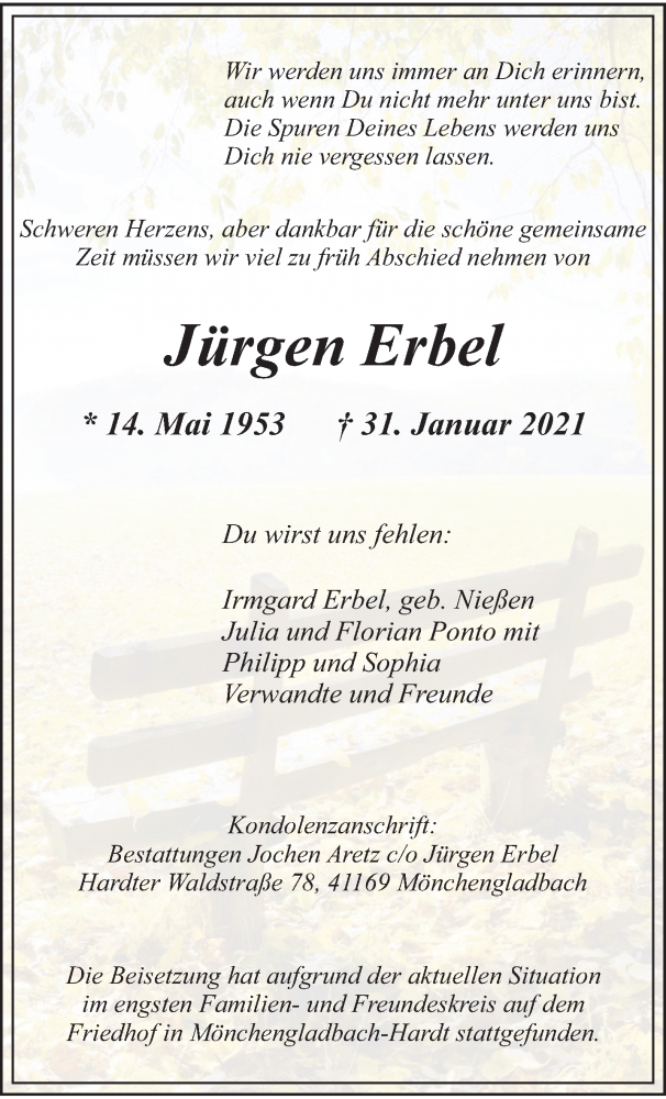  Traueranzeige für Jürgen Erbel vom 14.02.2021 aus trauer.extra-tipp-moenchengladbach.de