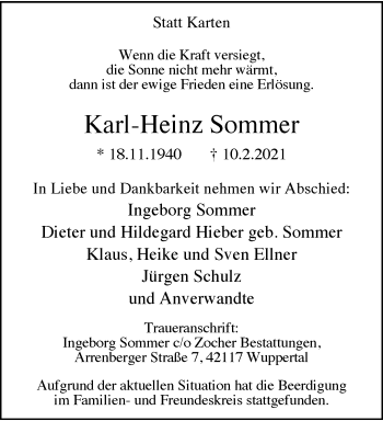 Traueranzeige von Karl-Heinz Sommer von trauer.wuppertaler-rundschau.de