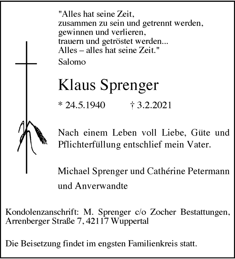  Traueranzeige für Klaus Sprenger vom 13.02.2021 aus trauer.wuppertaler-rundschau.de
