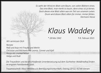 Traueranzeige von Klaus Waddey von trauer.extra-tipp-moenchengladbach.de