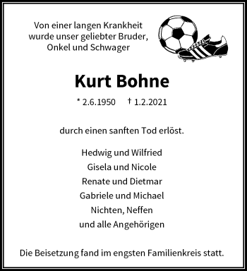 Traueranzeige von Kurt Bohne von trauer.wuppertaler-rundschau.de