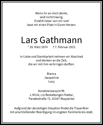 Traueranzeige von Lars Gathmann von trauer.wuppertaler-rundschau.de