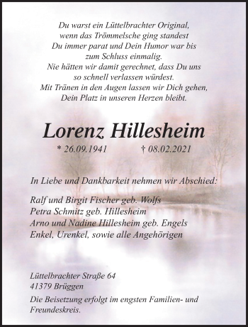 Traueranzeige von Lorenz Hillesheim von trauer.extra-tipp-moenchengladbach.de