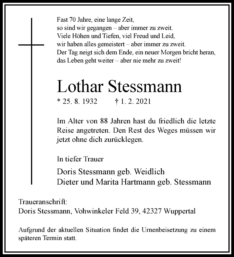  Traueranzeige für Lothar Stessmann vom 13.02.2021 aus trauer.wuppertaler-rundschau.de
