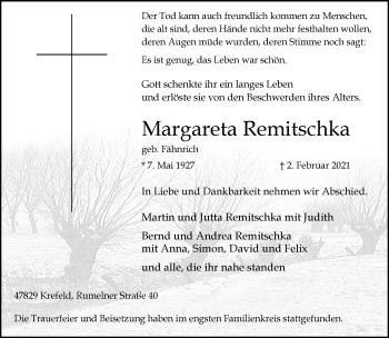 Traueranzeige von Margareta Remitschka von trauer.mein.krefeld.de