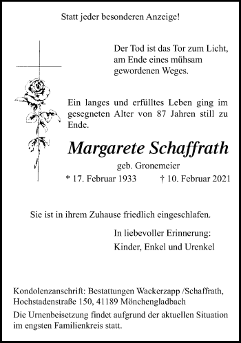 Traueranzeige von Margarete Schaffrath von trauer.extra-tipp-moenchengladbach.de