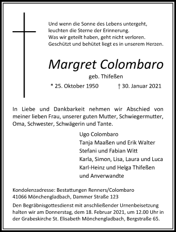 Traueranzeige von Margret Colombaro von trauer.extra-tipp-moenchengladbach.de