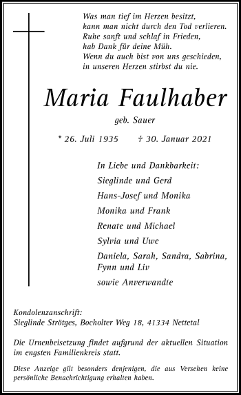 Traueranzeige von Maria Faulhaber von trauer.extra-tipp-moenchengladbach.de