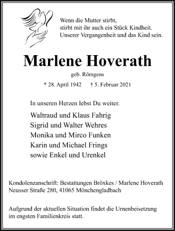 Traueranzeige von Marlene Hoverath von trauer.extra-tipp-moenchengladbach.de