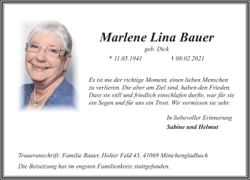 Traueranzeige von Marlene Lina Bauer von trauer.extra-tipp-moenchengladbach.de