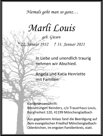 Traueranzeige von Marli Louis von trauer.extra-tipp-moenchengladbach.de