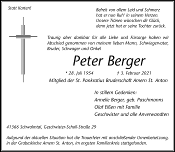 Traueranzeige von Peter Berger von trauer.extra-tipp-moenchengladbach.de
