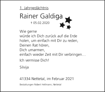 Traueranzeige von Rainer Galdiga von trauer.extra-tipp-moenchengladbach.de