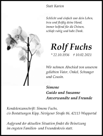Traueranzeige von Rolf Fuchs von trauer.wuppertaler-rundschau.de