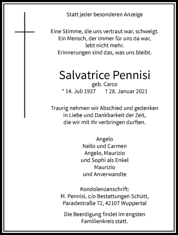 Traueranzeige von Salvatrice Pennisi von trauer.wuppertaler-rundschau.de