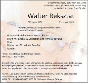 Traueranzeige von Walter Reksztat von trauer.stadt-kurier.de