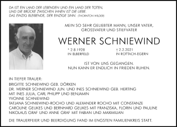 Traueranzeige von Werner Schniewind von trauer.wuppertaler-rundschau.de