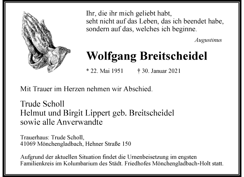  Traueranzeige für Wolfgang Breitscheidel vom 07.02.2021 aus trauer.extra-tipp-moenchengladbach.de