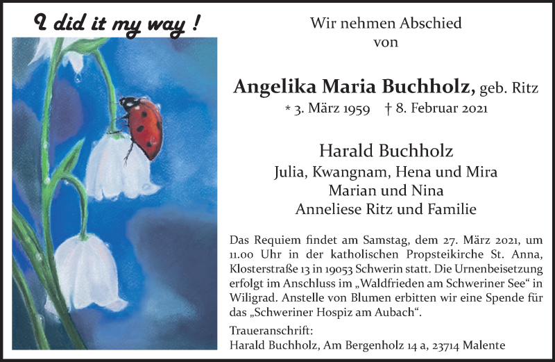  Traueranzeige für Angelika Maria Buchholz vom 07.03.2021 aus trauer.extra-tipp-moenchengladbach.de
