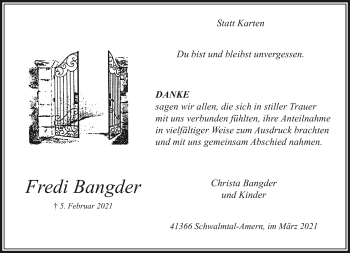 Traueranzeige von Fredi Bangder von trauer.extra-tipp-moenchengladbach.de