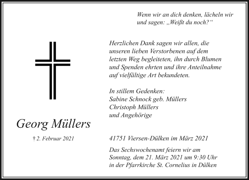  Traueranzeige für Georg Müllers vom 14.03.2021 aus trauer.extra-tipp-moenchengladbach.de