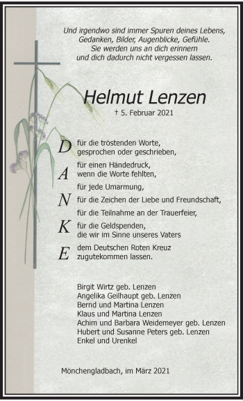 Traueranzeige von Helmut Lenzen von trauer.extra-tipp-moenchengladbach.de