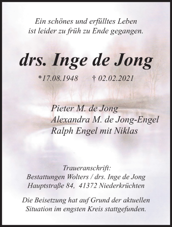 Traueranzeige von Inge de Jong von trauer.extra-tipp-moenchengladbach.de