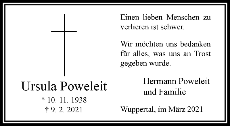  Traueranzeige für Ursula Poweleit vom 27.03.2021 aus trauer.wuppertaler-rundschau.de