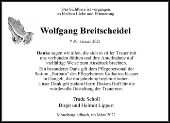 Traueranzeige von Wolfgang Breitscheidel von trauer.extra-tipp-moenchengladbach.de